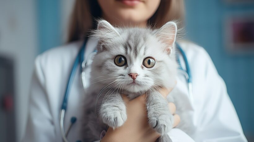Veterinarian woman holding cute adorable fluffy kitten in pet clinic
